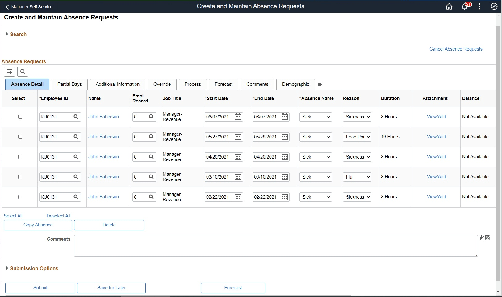 Create and Maintain Absences page (2 of 3)