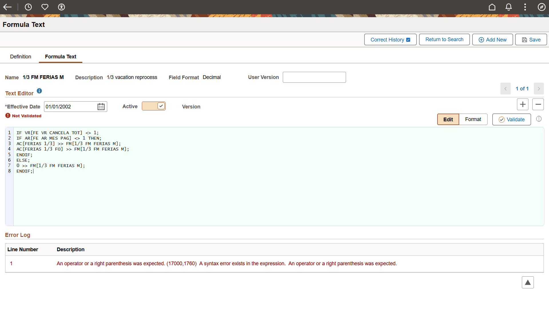 Not Validated Formula page