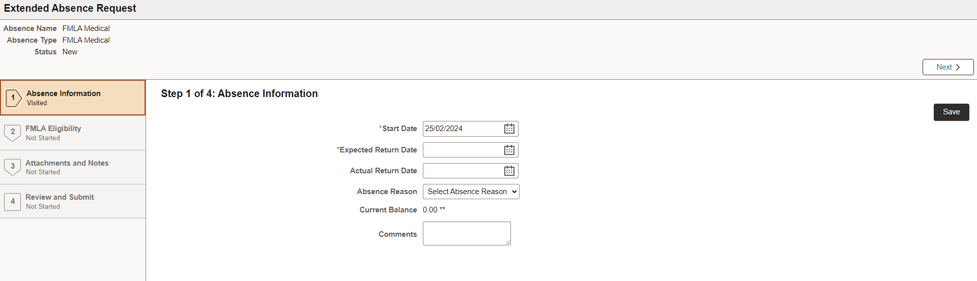 Absence Information Step of Extended Absence Request