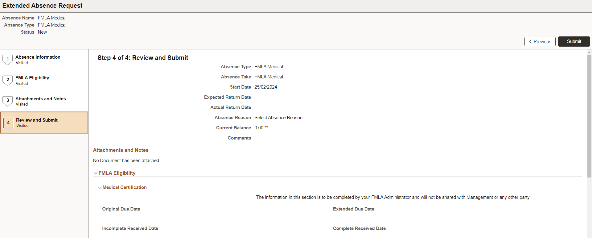Review and Submit Step of Extended Absence Request