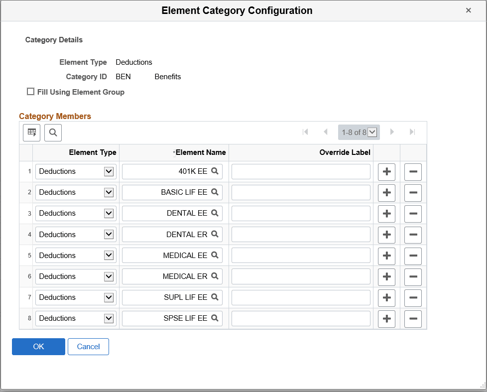 Element category configuration modal