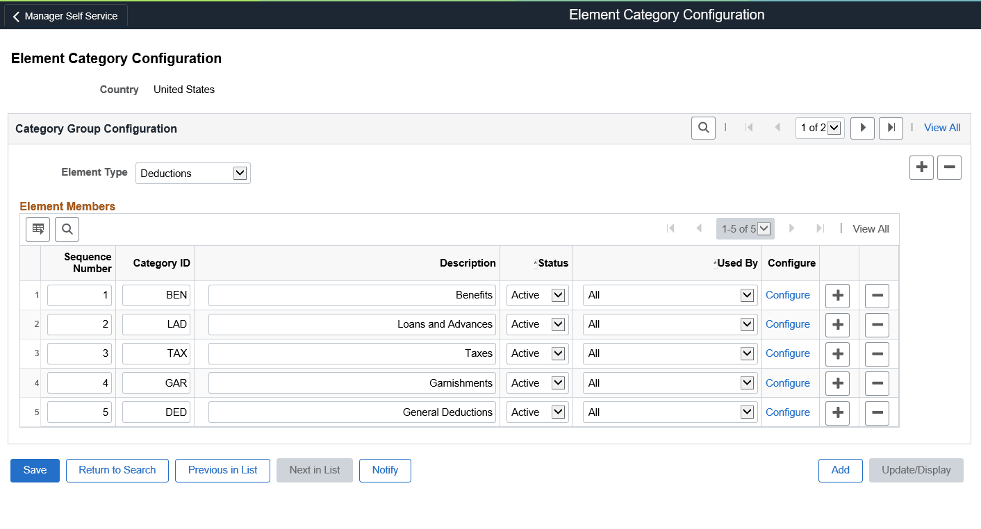Element Category Configuration page