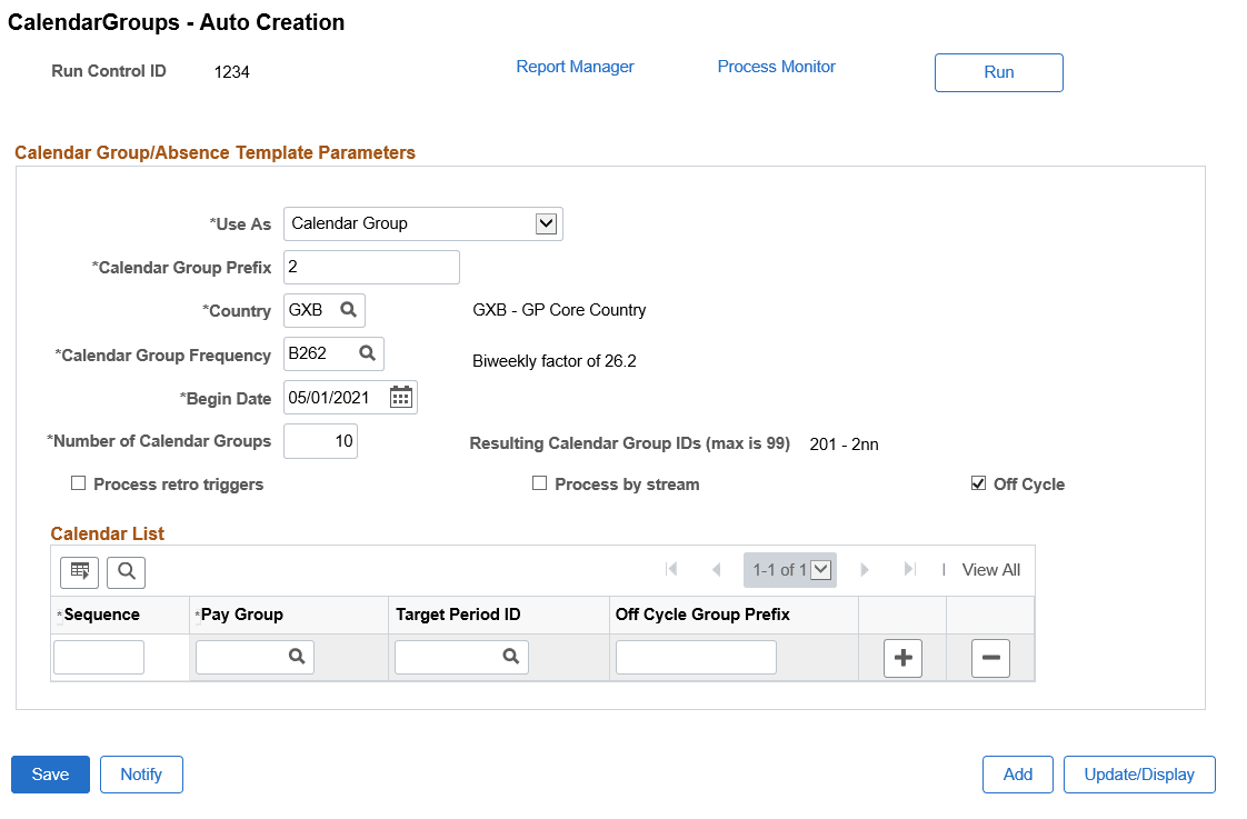 Calendar group Auto Creation page for offcycle
