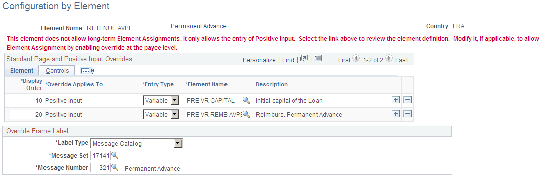 Configuration By Element page: Positive Input Level Overrides (1 of 2)