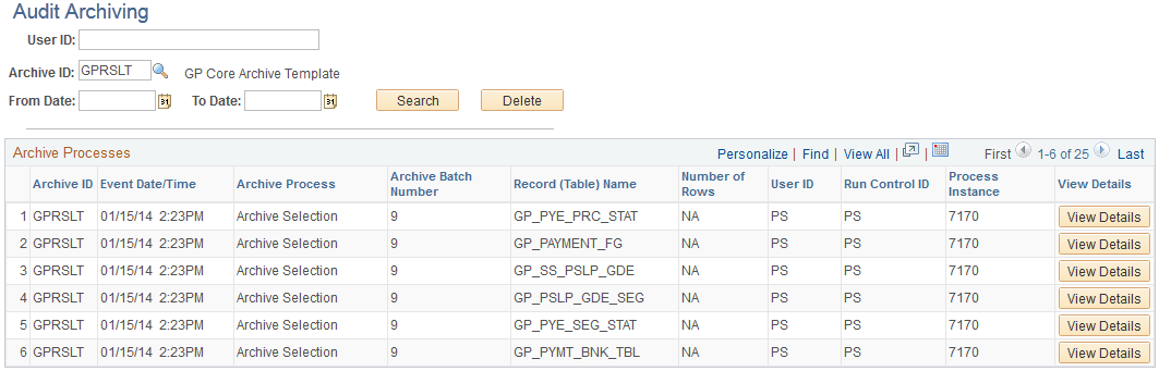 Audit Archiving page