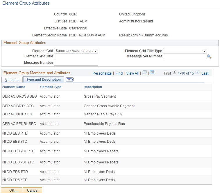 Element Group Attributes page: Type and Description tab