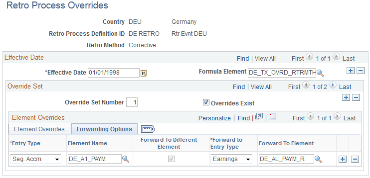 Retro Process Overrides - Forwarding Options tab
