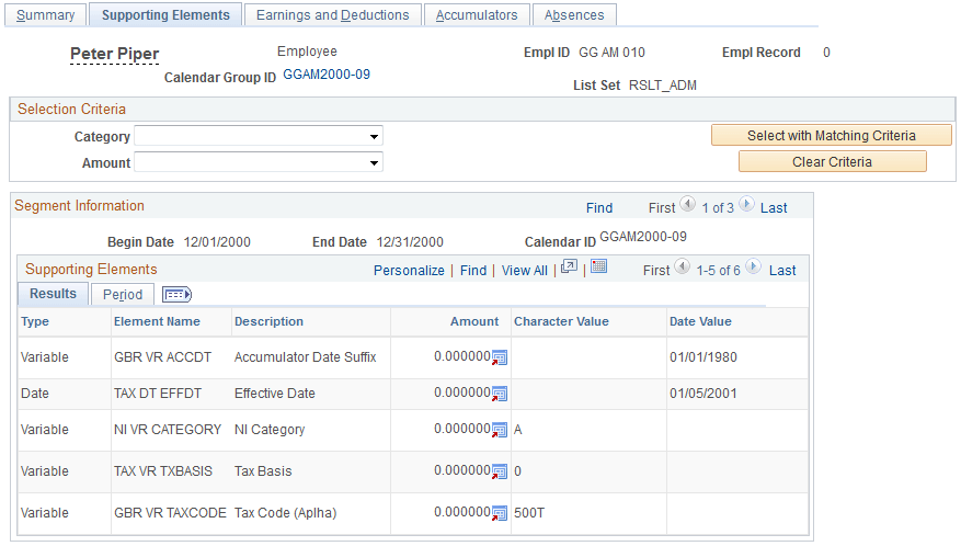 Administration Results - Supporting Elements page