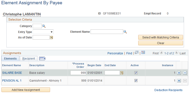 Example of Element Assignment By Payee page for Alternate Component Configuration