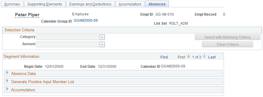 Administration Results - Absences page