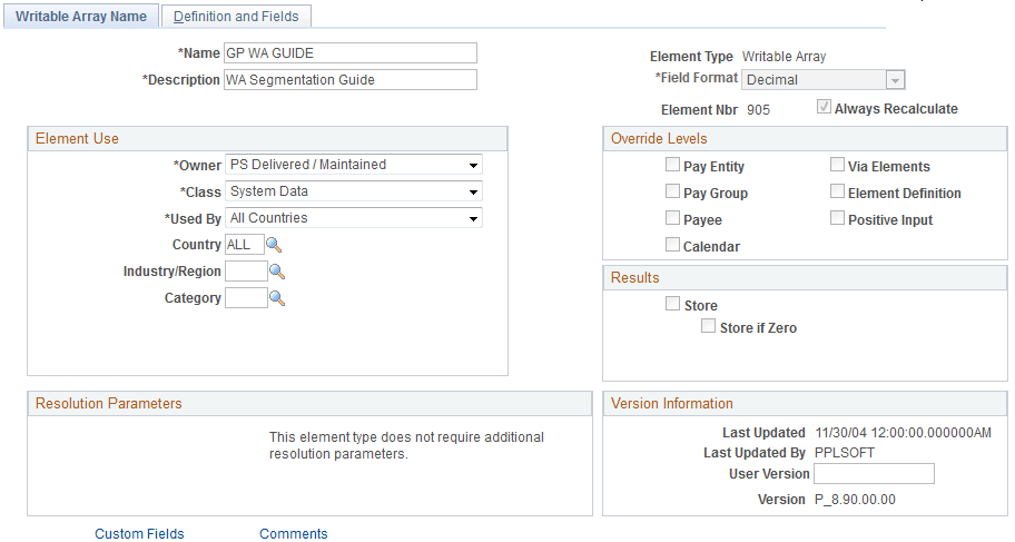 Writable Array Name page