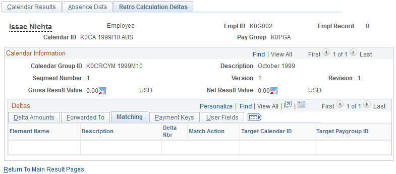 Retro Calculation Deltas page: Matching tab