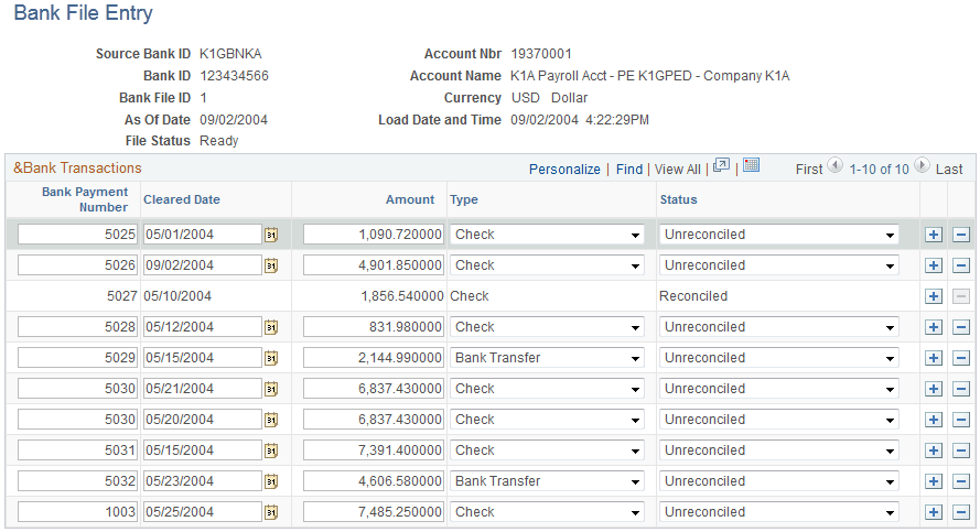 Bank File Entry page