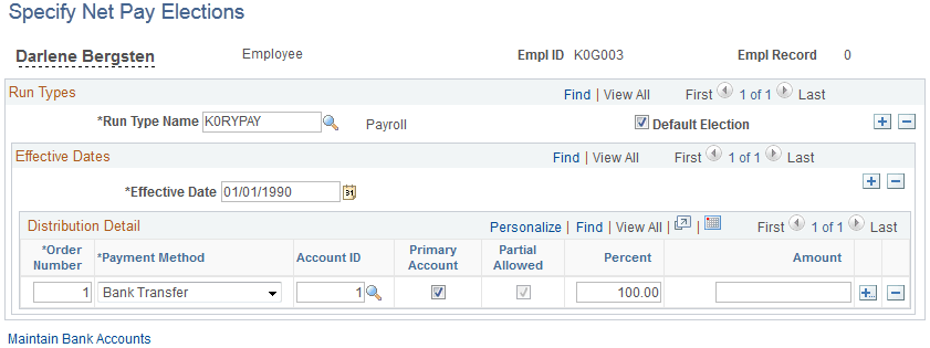 Specify Net Pay Elections page