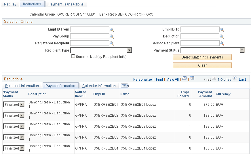 Deductions page: Payee Information tab