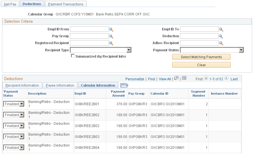 Deductions page: Calendar Information tab