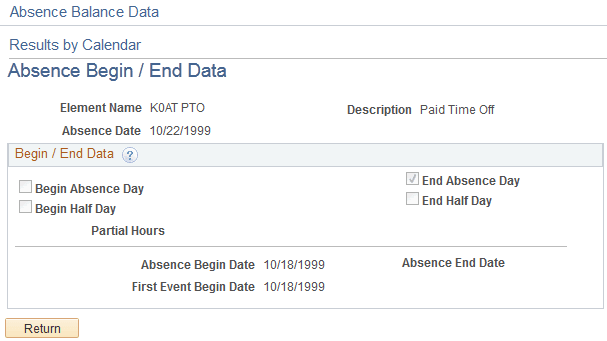 Absence Begin/End Data page