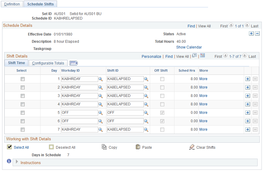 Definitions - Schedule Shifts page