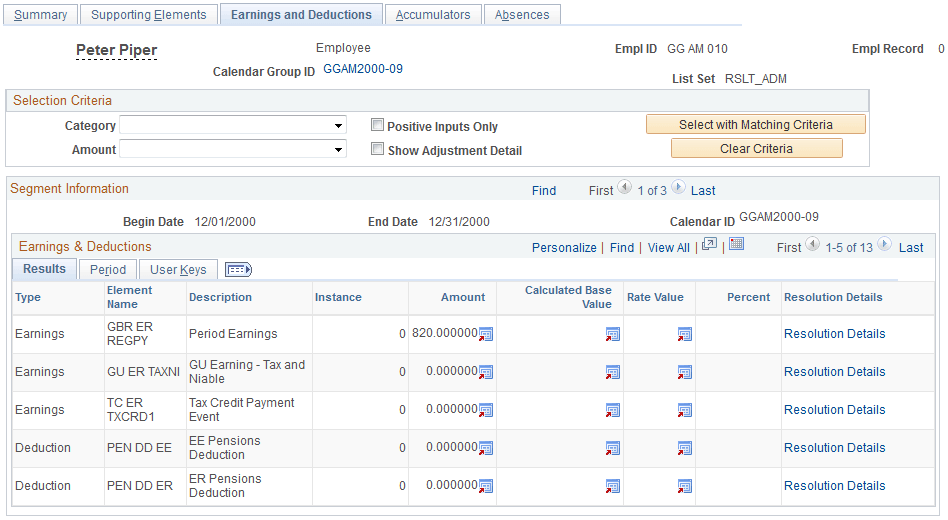 Administration Results - Earnings and Deductions page