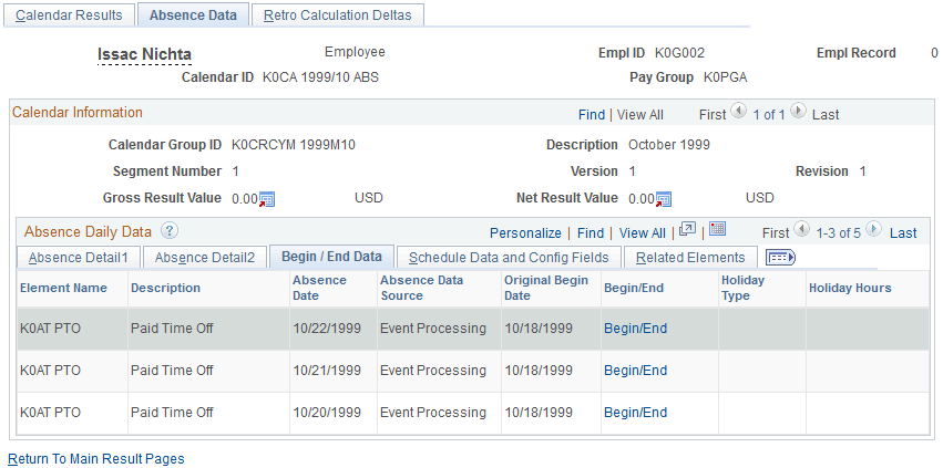 Absence Data page: Begin/End Data tab