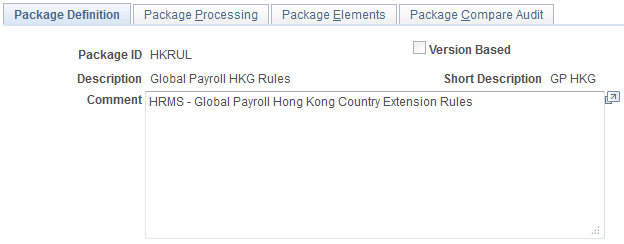 Package Definition page