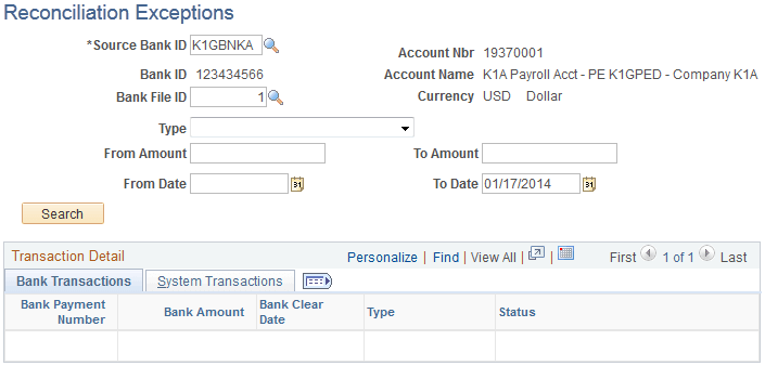 Reconciliation Exceptions page