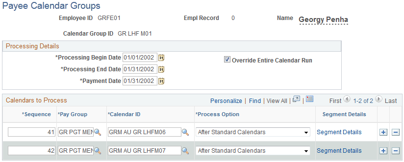 Payee Calendar Groups page
