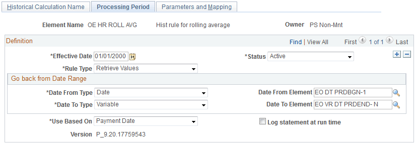 Historical Rules - Processing Period page