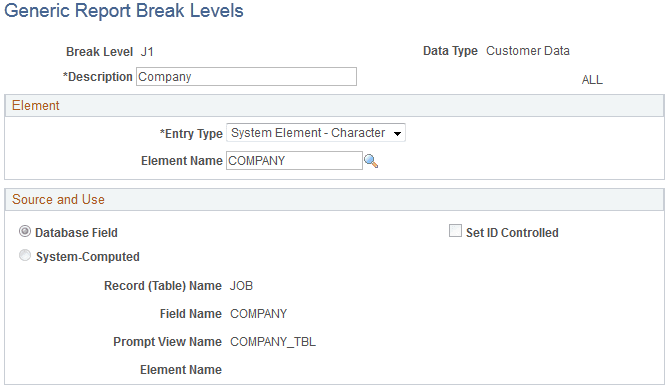 Generic Report Break Levels page