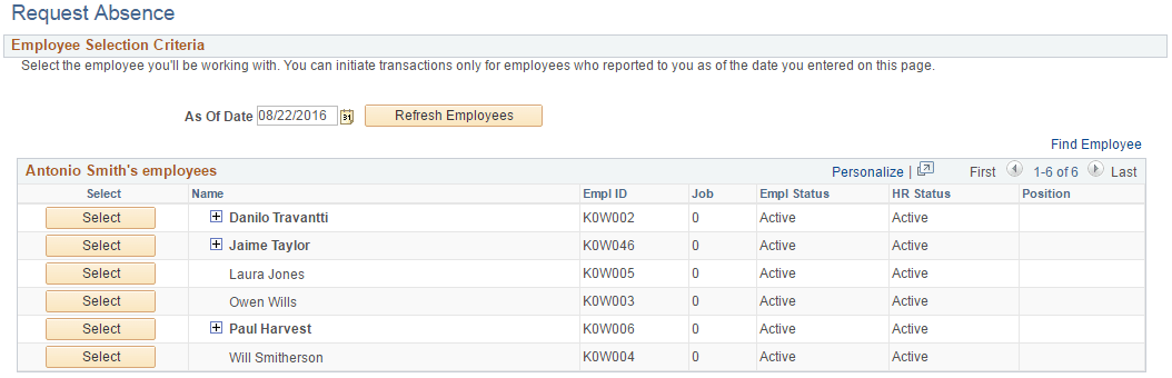 Request Absence page