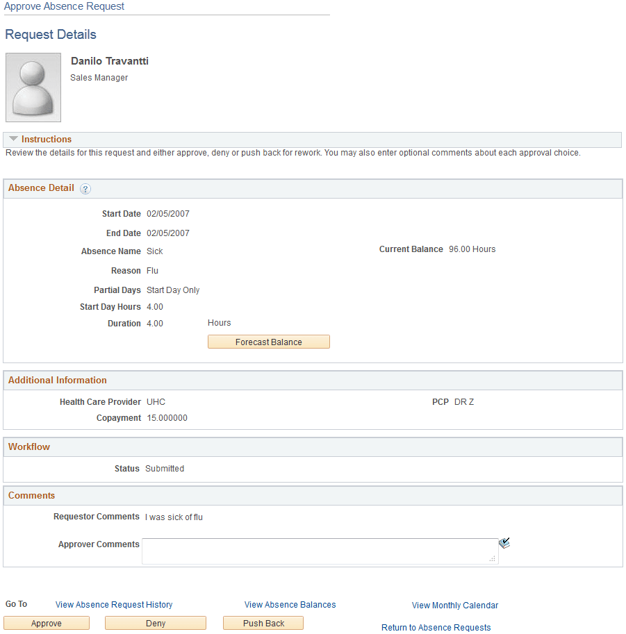 Approve Absence Requests - Request Details page