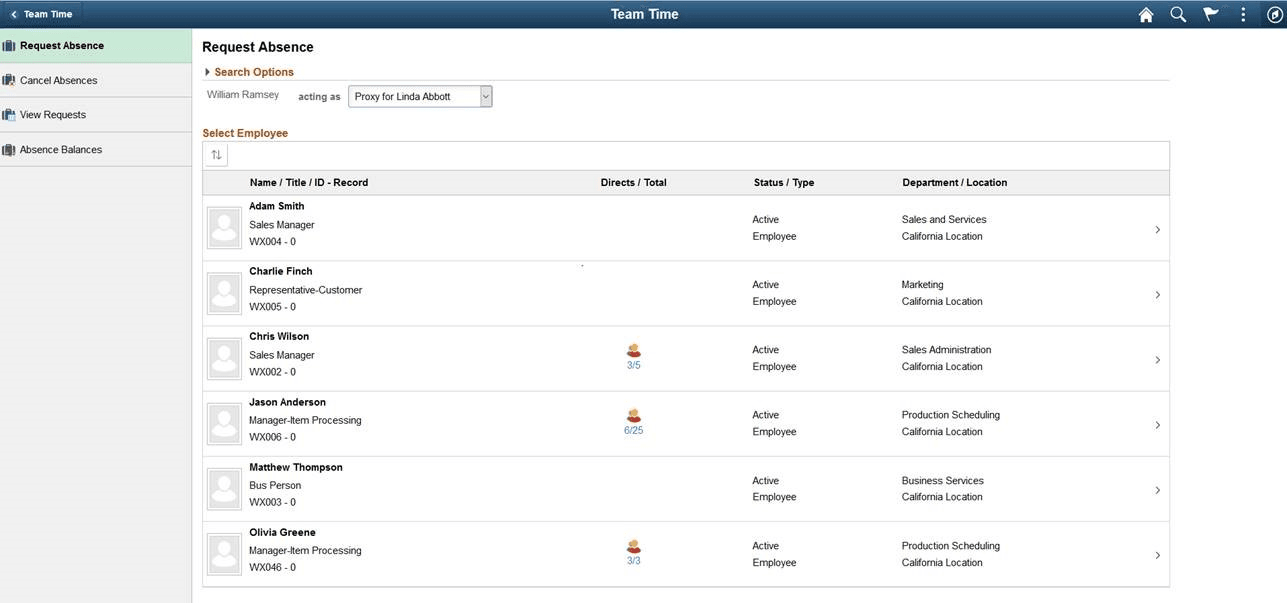 Request Absence (select employee) page_Acting as