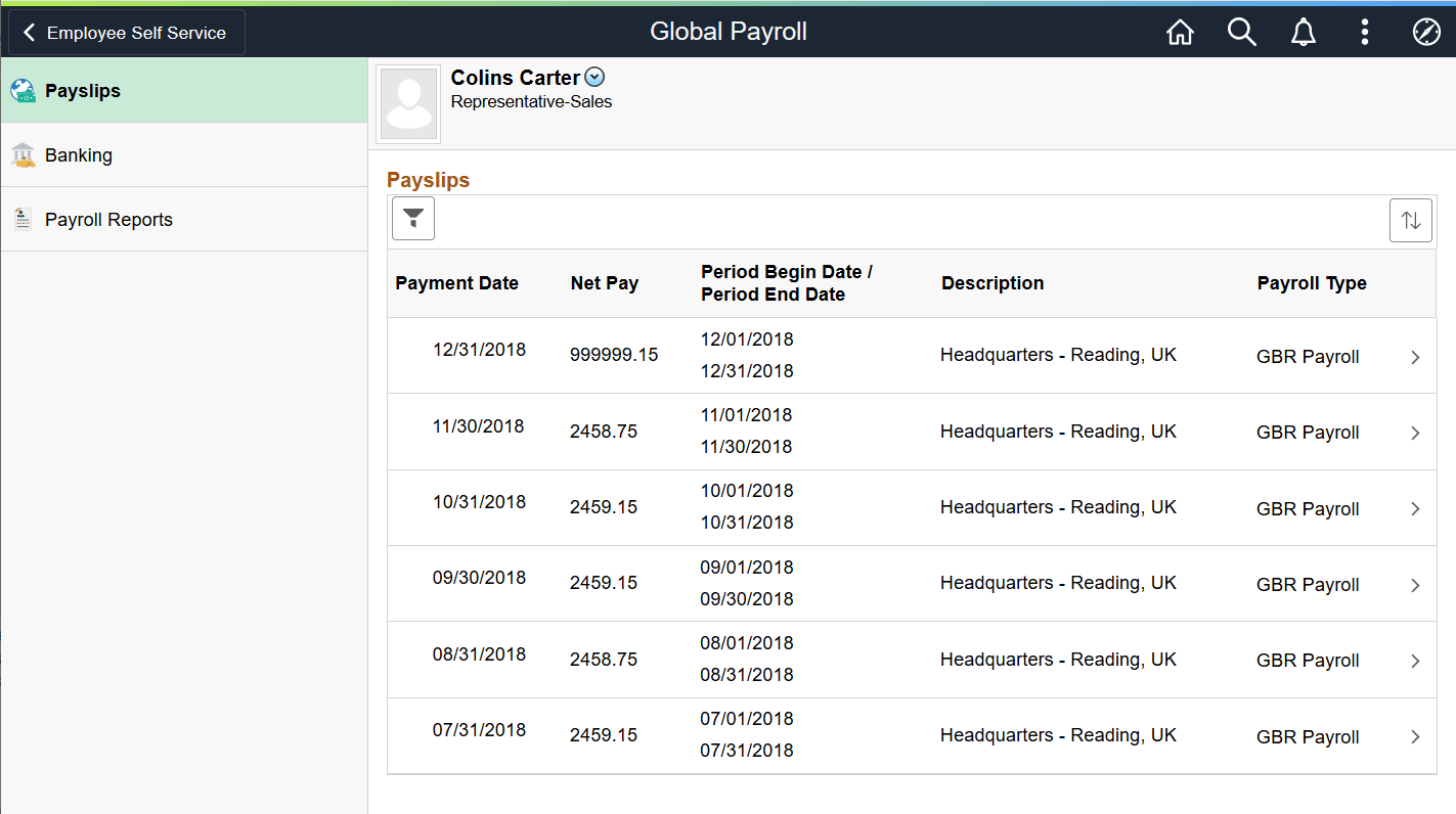 Global Payroll start page with fluid navigation collection in the left panel