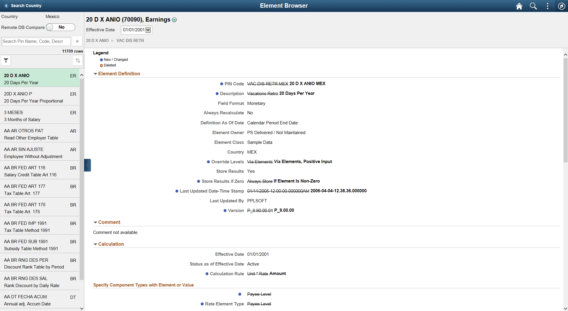 Example of the Element Browser page using the Element Compare option