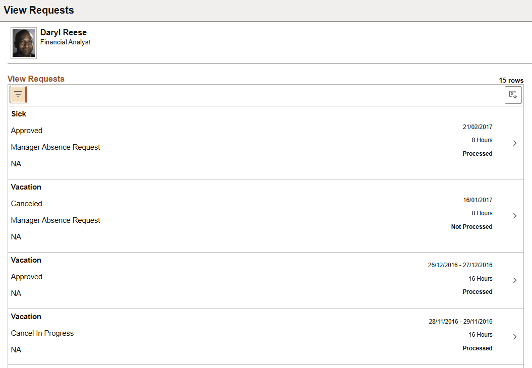 View Requests page for employee