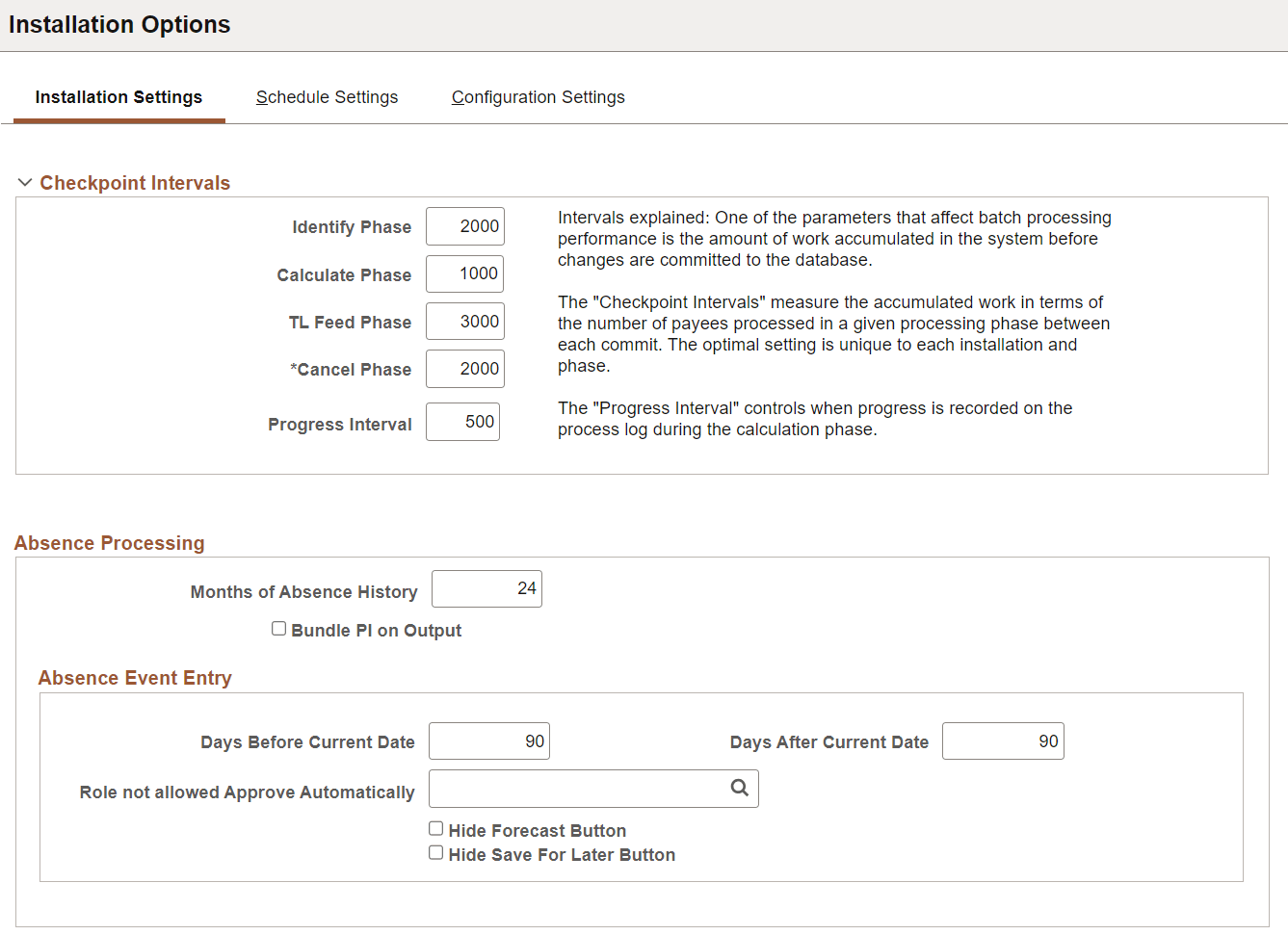 Installation Settings page (1 of 3)