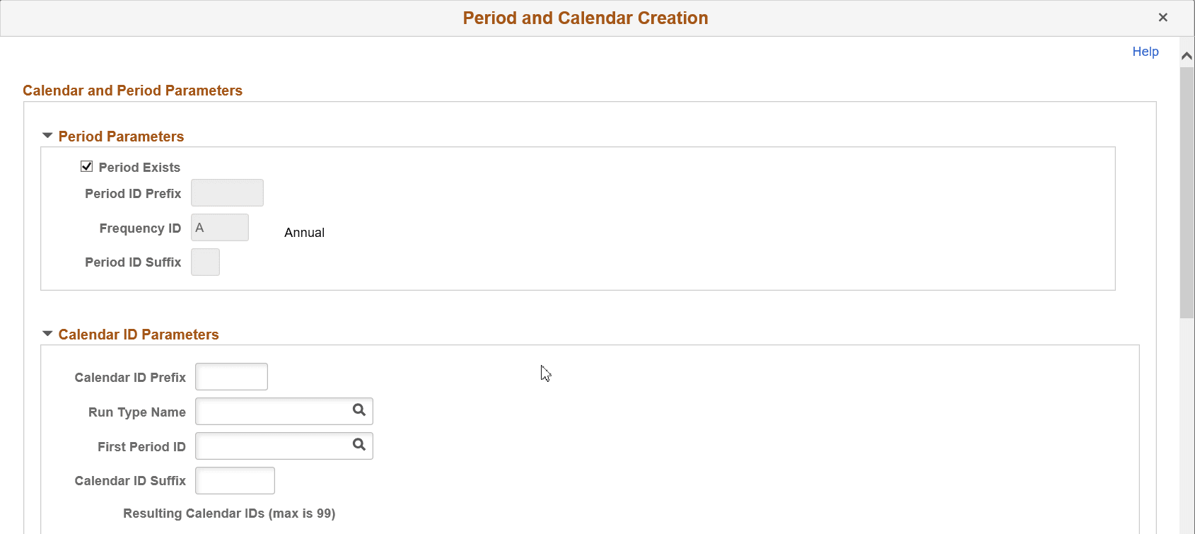 Period and Calendar Creation page (1 of 2)