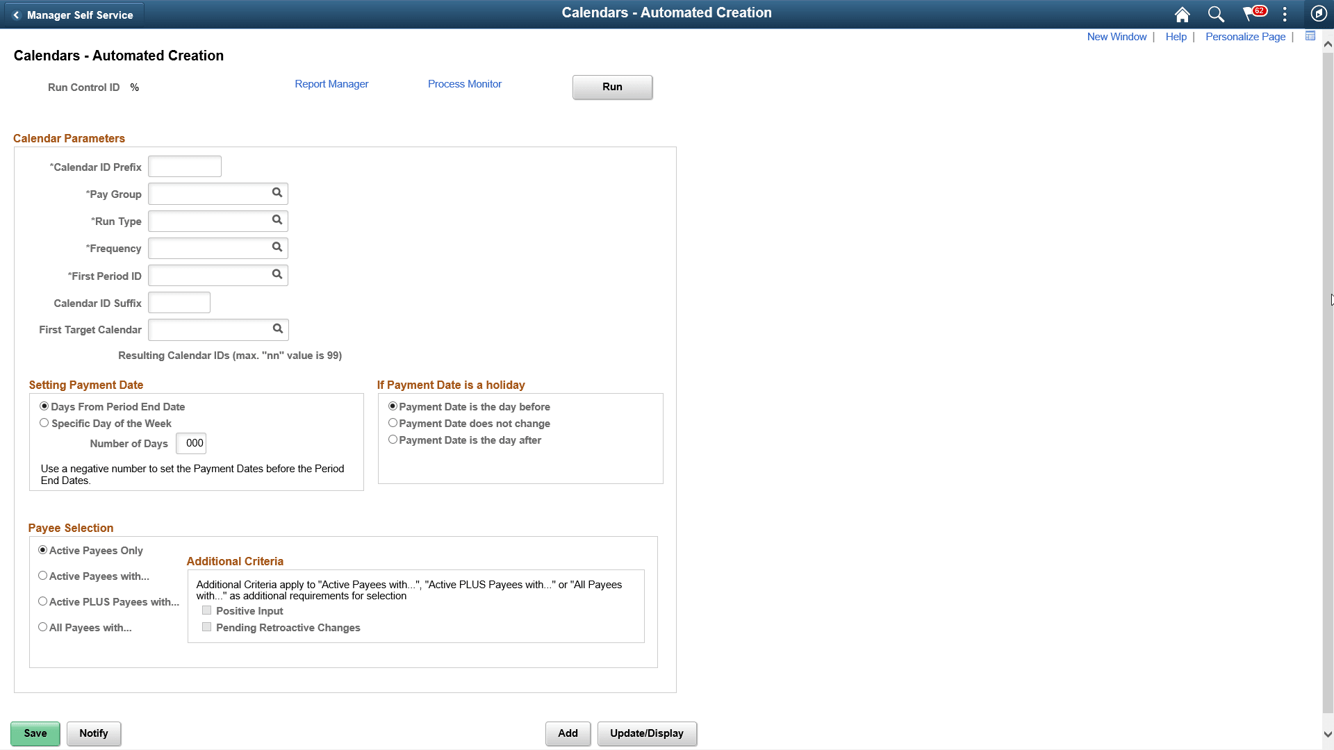 Calendars - Automatic Creation page