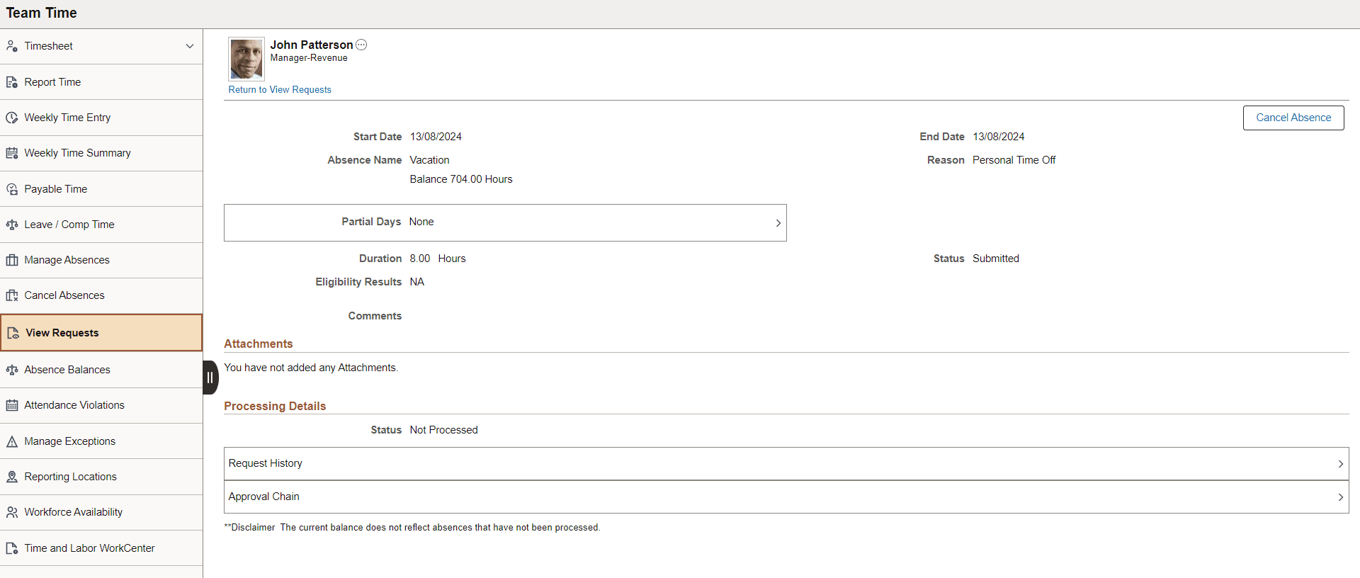 View Requests page for manager
