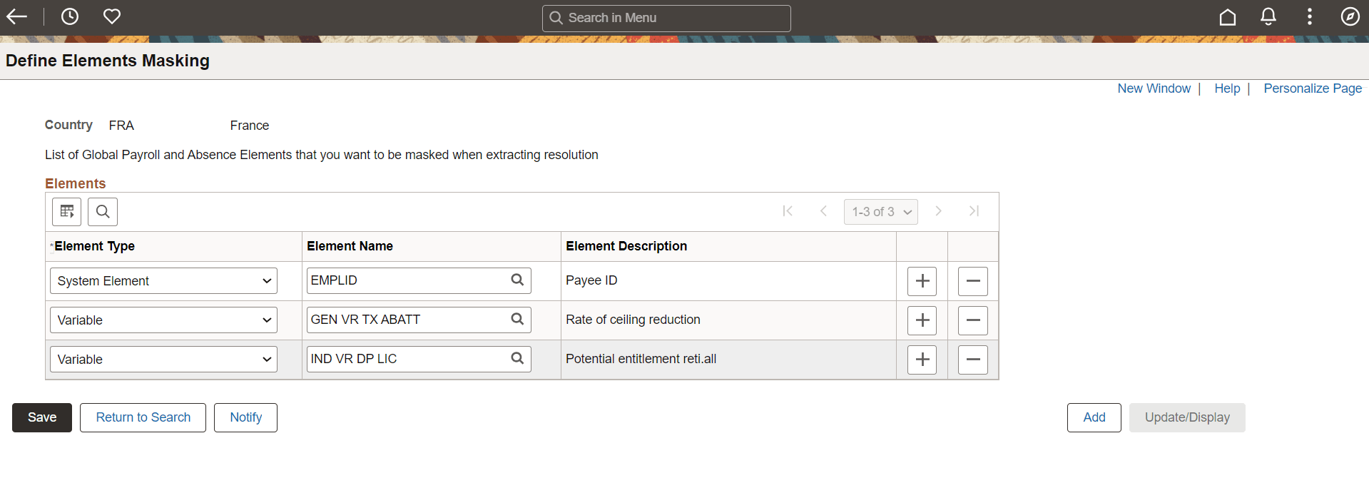 Define Elements Masking Page