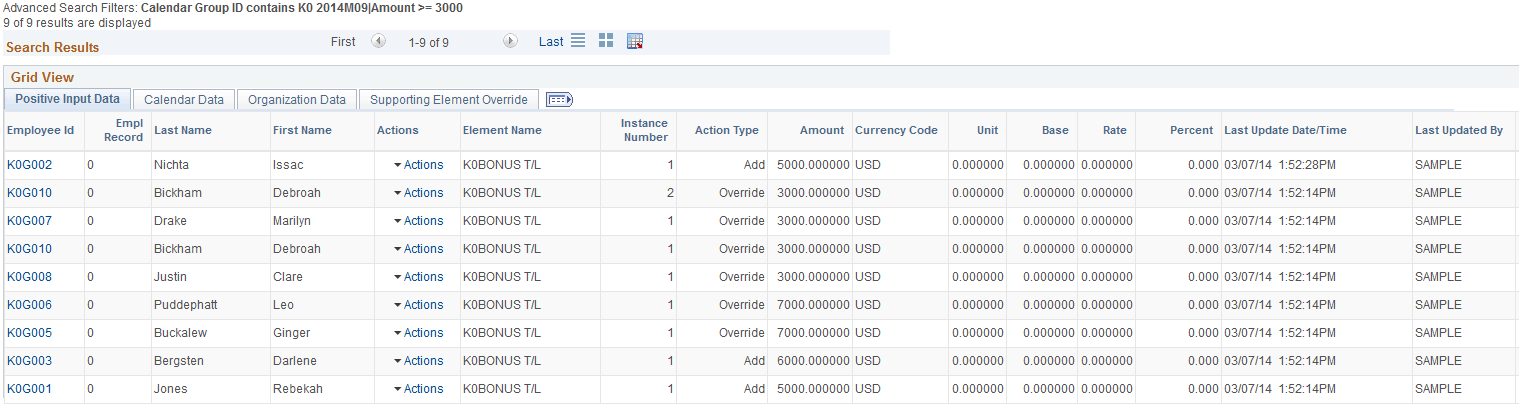 Example of search results using advanced search criteria
