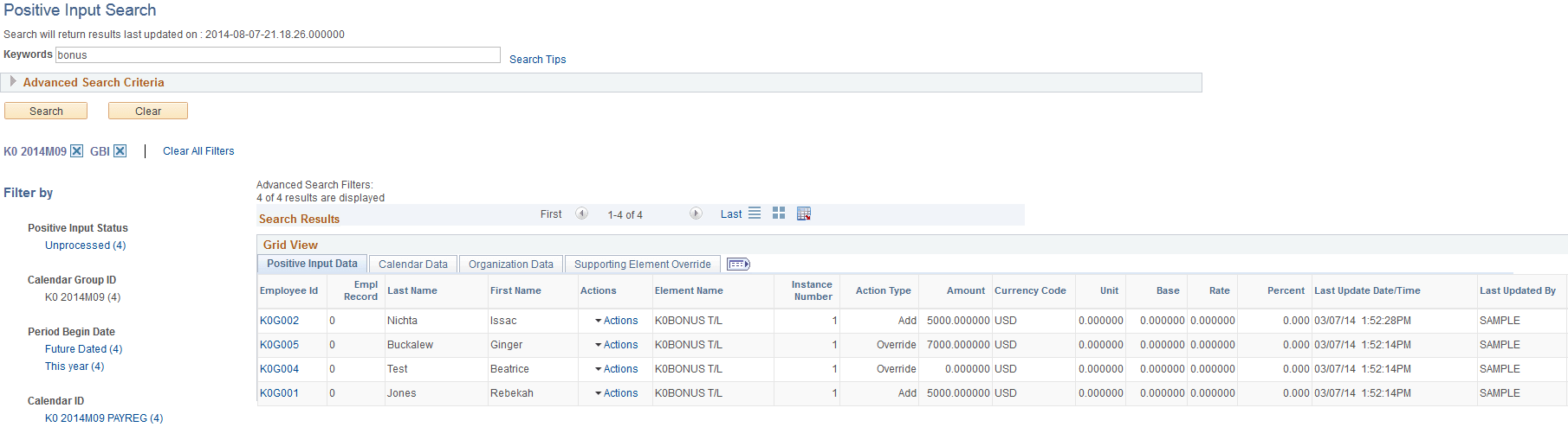 Example of search results filtered using multiple facets