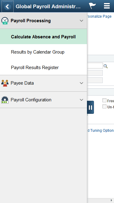 (Smartphone) Global Payroll Administration application start page
