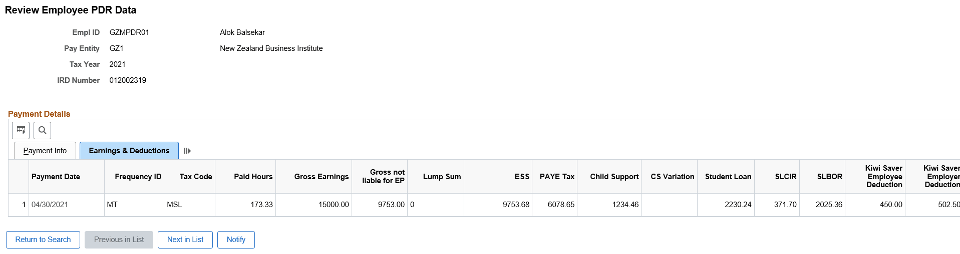 Earnings and Deductions tab