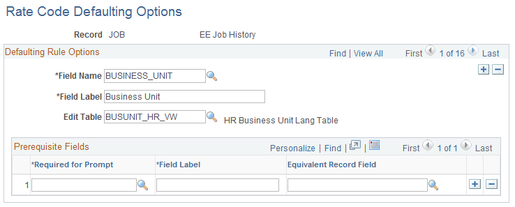 Rate Code Defaulting Options page