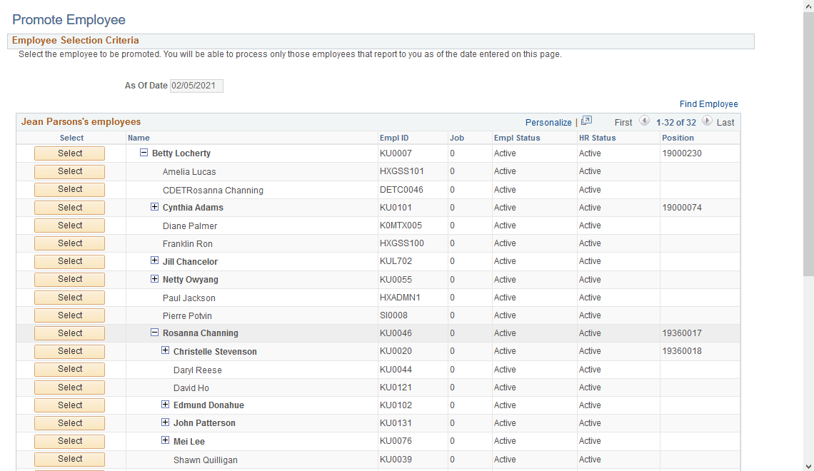 Example of the Promote Employee - Employee Selection Criteria page where a manager selects an employee