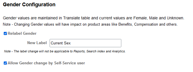 Gender Configuration page