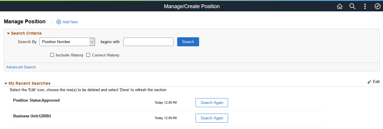 <><Transaction Search or Add> page: Basic Search for a page showing the Add New link