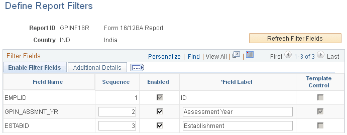 Define Report Filters page (1 of 2)