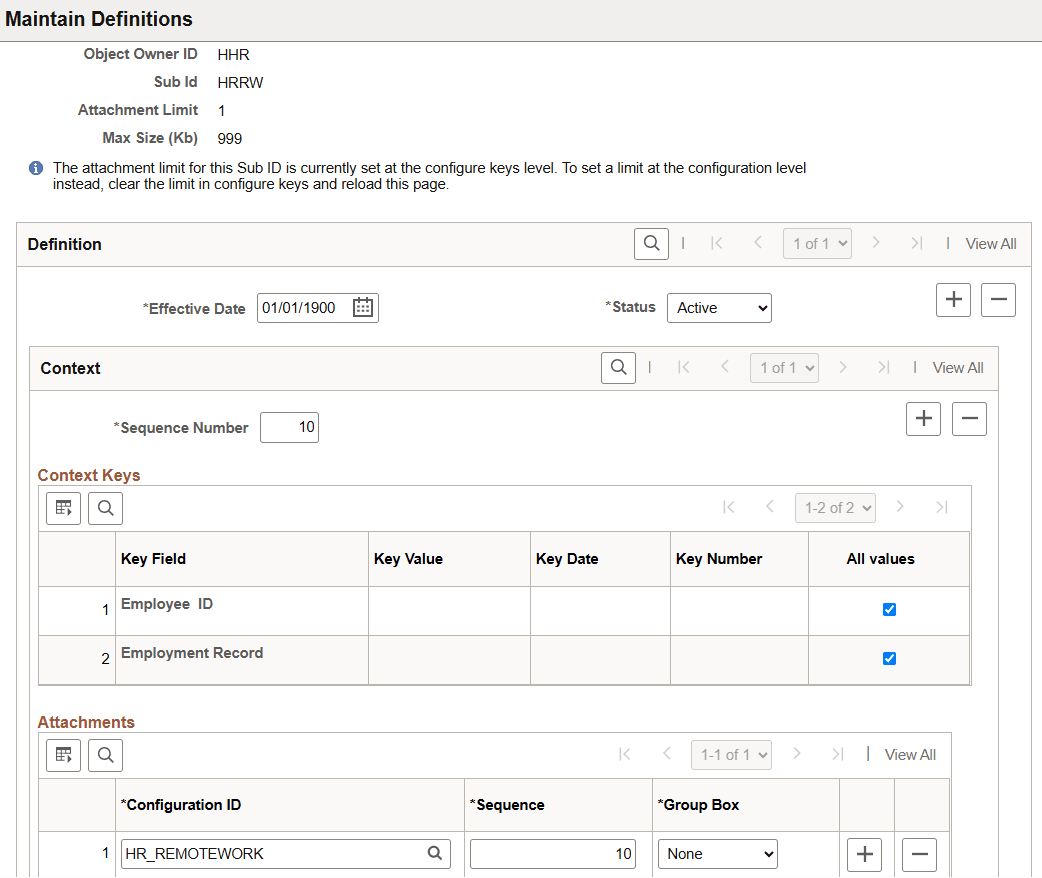 Maintain Definitions page when file attachment limits are set
